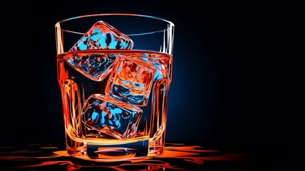 Old neon outline of whiskey glass with ice cubes Ai generated art