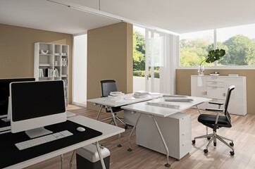 Interior of modern office with brown walls,