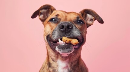 Dog with dry food in mouth on pink background, Copy space. - obrazy, fototapety, plakaty