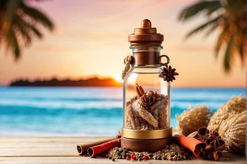 Foto auf Acrylglas Antireflex Wooden tabletop with spice bottle decoration, on sunset beach background © WrongWay