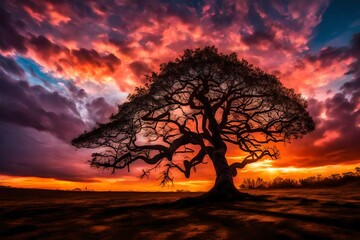 A solitary tree standing against a dramatic sunset, with its silhouette etched against the colorful sky. - obrazy, fototapety, plakaty