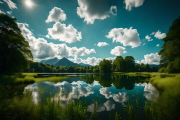 A tranquil meadow where the grass meets the edge of a crystal-clear lake, reflecting the surrounding greenery and a cloud-studded sky.