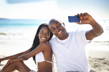 Smile, selfie and black couple at beach on holiday, summer vacation and travel in nature. African...