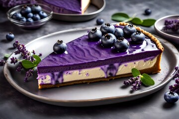 A tempting presentation of a blueberry lavender cheesecake, showcasing a purple-hued filling and a buttery graham cracker crust. - obrazy, fototapety, plakaty