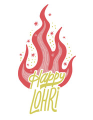 Happy Lohri Indian Punjabi festival. Colored fire vector illustration of happy celebration Lohry. Trendy concept of happy lohry holiday. Lettering design for print card, social media or t-shirt. - 708481176
