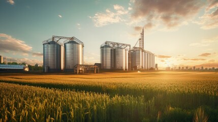 Granaries in a cornfield at sunset. Storage tanks for cultivated crops of wheat, soybeans, sunflower at the processing plant. - obrazy, fototapety, plakaty