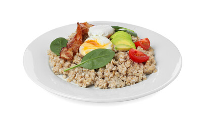 Delicious boiled oatmeal with poached egg, bacon, avocado and tomato isolated on white