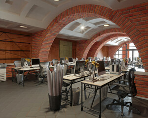 Interior of a modern office with brick walls