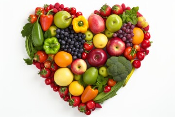 Heart shaped fruit and vegetable composition isolated on white background, top view perspective