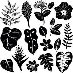 Tropical flovers and leaves silhouette set