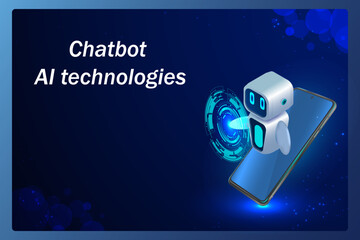 Cute neon 3D robot AI content. Chatbot technology, isometric. An AI chatbot based on artificial intelligence and neural networks.