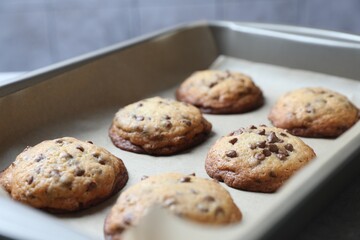 Baking pan with chocolate chip cookies, closeup