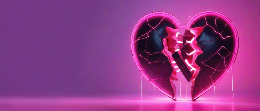 A heart divided into two halves with a neon ribbon on pink background