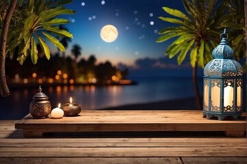 Wooden tabletop with lamp decoration, on summer beach night forest background