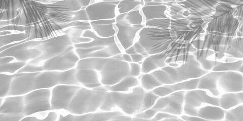 Palm leaf shadow on white water wave texture background. Natural summer banner background