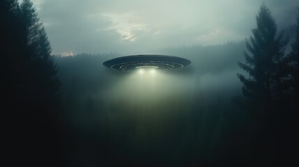 UFO flying above the misty forest. AI generated. - obrazy, fototapety, plakaty