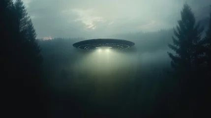 Gordijnen UFO flying above the misty forest. AI generated. © Viktor