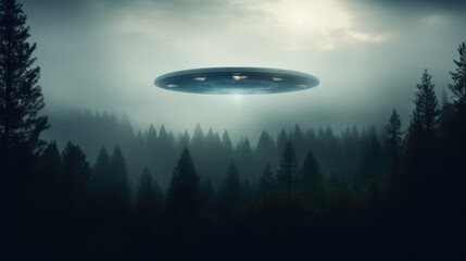 Flying saucer above the misty forest. AI generated.