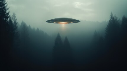 UFO flying above the foggy forest. AI generated. - obrazy, fototapety, plakaty