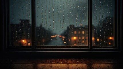 Rainy street in the window. AI generated.