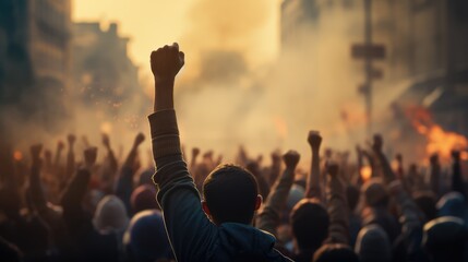 Arms raised in protest. AI generated photo. - obrazy, fototapety, plakaty
