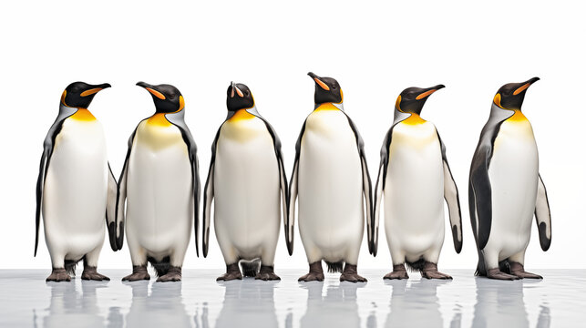 photograph four  penguins on white background