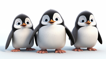 3d cartoon charactor three penguins standing on white background