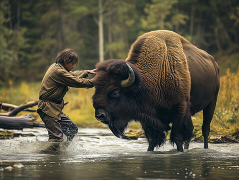A Photo of a Man Playing with a Bison in Nature