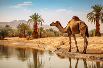 Visualize a camel peacefully drinking water at an oasis in the desert. The oasis is adorned with palm trees and provides a tranquil water source - obrazy, fototapety, plakaty