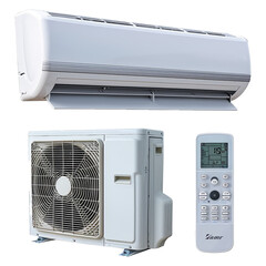 Set of air conditioner ac inverter heat pump mini split system with indoor outdoor unit and remote control - obrazy, fototapety, plakaty