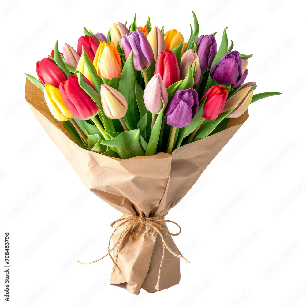 Poster bouquet of spring tulips with different color flowers wrapped in paper for present