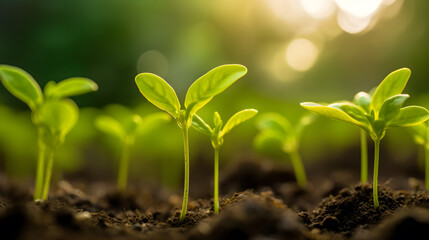 Young green plant growing at sunlight in the garden. World Earth. Save world concept.