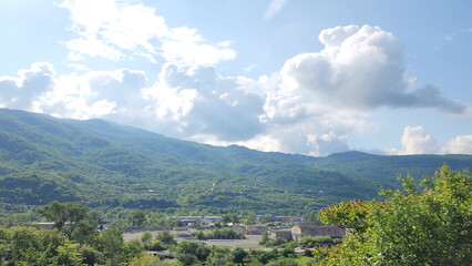 A breathtaking view of Gudauri’s majestic mountains in Georgia, featuring snow-capped peaks and pristine landscapes. Perfect for travel, nature, and winter-themed projects.