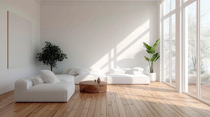 Simplicidad Elegante: Habitación Minimalista con Paredes Blancas y Suelo de Madera - obrazy, fototapety, plakaty