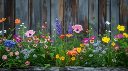 Fotobehang Garden flowers over wood © Artem