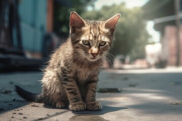 Sad abandoned hungry kitten street outdoor. Vagrant shelter stray lonely. Generate Ai