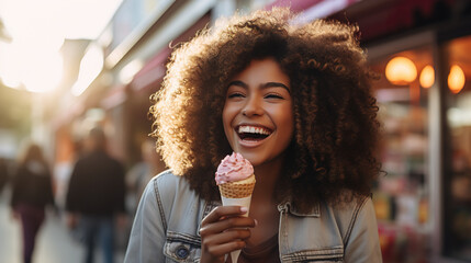 Summer concert. Glad positive woman holds tasty frozen ice cream, enjoy eating delicious cold dessert, poses on background, feels happy. - obrazy, fototapety, plakaty