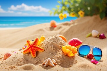 Fototapeta na wymiar Sand with summer decoration, on sunny day beach background