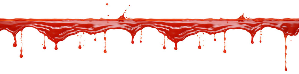 Spreading ketchup is cut on a transparent background. A long streak of spreading ketchup and dangling drops. An overlay to insert into a design or project. - obrazy, fototapety, plakaty