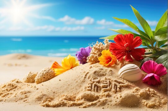 Sand with summer decoration, on sunny day beach background