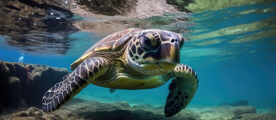 Close-up photograph of a swimming green sea turtle.