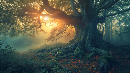 fog landscape with old magic tree