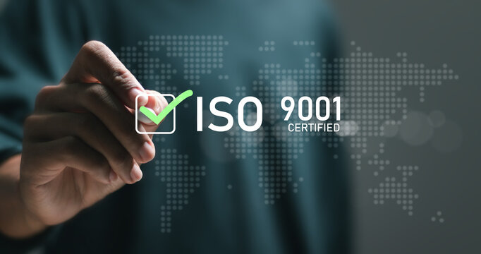 ISO 9001 Standard certification standardisation quality control concept, businessman choose ISO 9001 icons for certified and quality management of organizations.