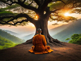 A Buddhist monk meditates under a big tree at sunset