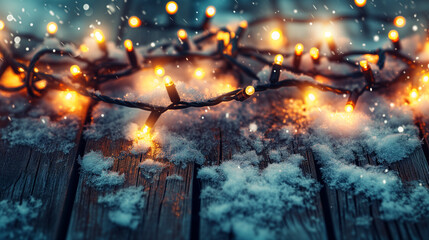 Snow and Christmas Lights Border on Rustic Wooden Surface