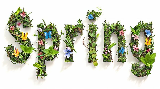 Word "Spring" with colorful nature images inside the letters