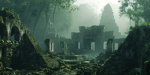 ancient and overgrown mayan temple ruins in the jungle, lost place in the amazon rainforest - obrazy, fototapety, plakaty