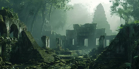 Foto op Canvas ancient and overgrown mayan temple ruins in the jungle, lost place in the amazon rainforest © CROCOTHERY