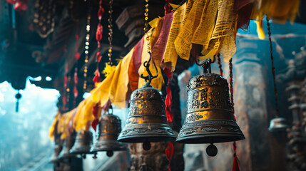 Exploring Temple Bells and Flags - obrazy, fototapety, plakaty
