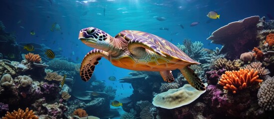 Hawksbill turtle navigating Bali's underwater world among coral.